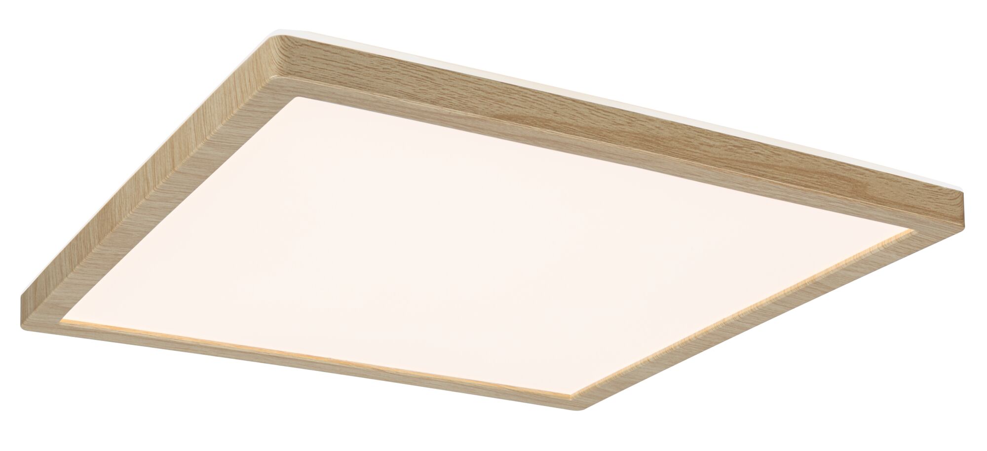 Vierkante plafondlamp met licht eikenhouten frame en warm wit LED-licht voor woonruimtes