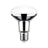 Reflektorlampe mit E27-Fassung aus klarem Glas und weißem Kunststoff für gezielte Beleuchtung