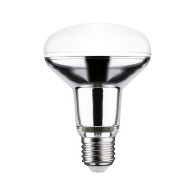 Reflektorlampe mit E27-Fassung aus klarem Glas und weißem Kunststoff für gezielte Beleuchtung