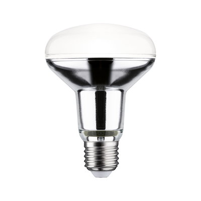 Reflektorlampe mit E27-Fassung aus klarem Glas und weißem Kunststoff für gezielte Beleuchtung