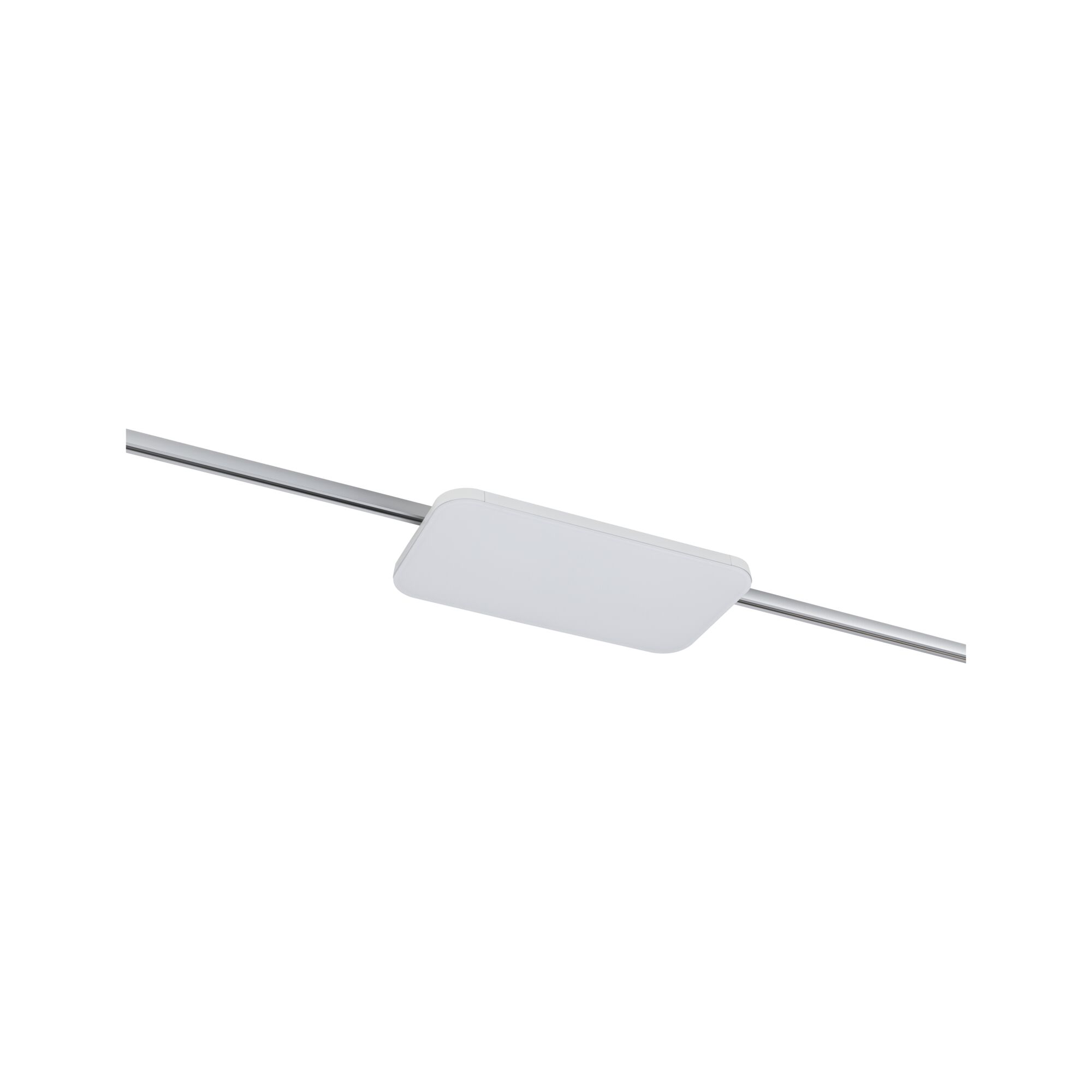 Weißes LED-Transformatorgehäuse aus Kunststoff an silberner Schiene für Lichtsysteme