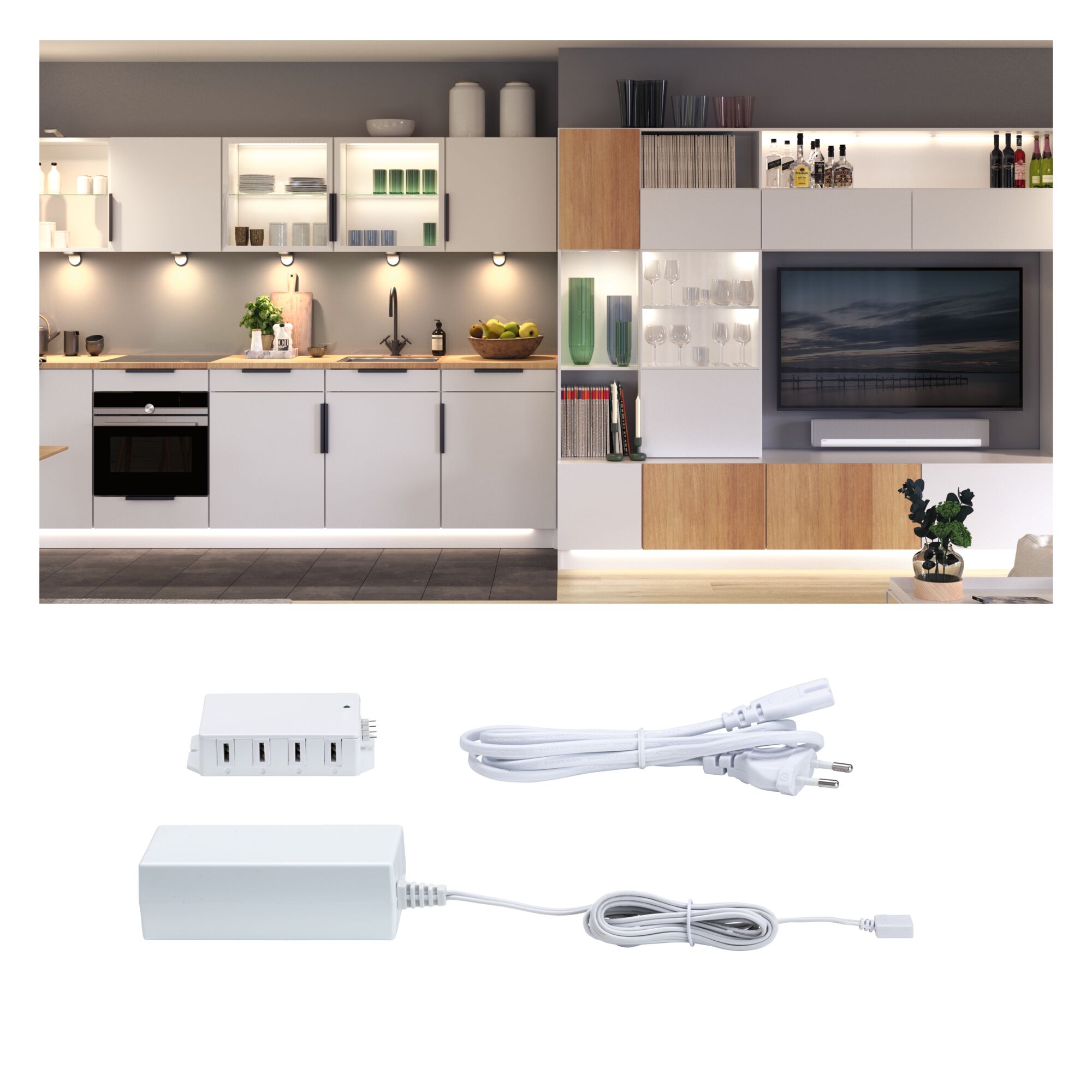 Clever Connect Transfo 230/12V 36VA Blanc Alimentation LED blanche avec câble et répartiteur pour éclairage moderne de cuisine et salon