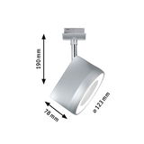 Modern silver LED spotlight with 190x78 mm size and 123 mm diameter for track lighting systems.
