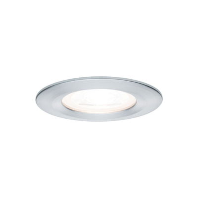 Round recessed LED light with brushed aluminum frame in silver for modern room lighting