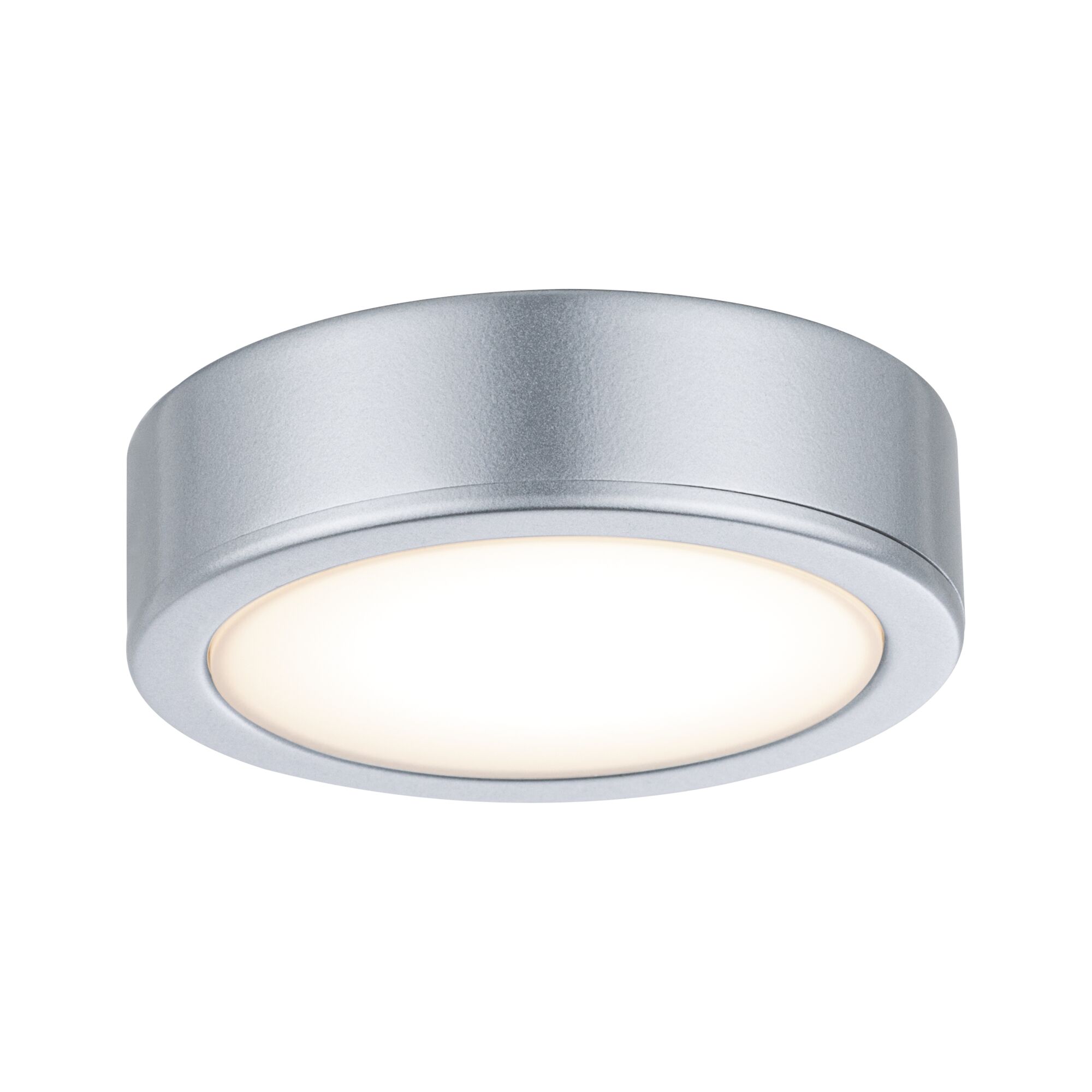 Rundes LED-Deckenlicht aus silbernem Metall mit warmweißem Licht für moderne Innenräume.