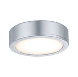 Plafonnier LED rond en métal argenté avec lumière blanc chaud pour éclairage intérieur moderne.