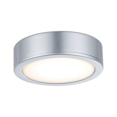Plafonnier LED rond en métal argenté avec lumière blanc chaud pour éclairage intérieur moderne.