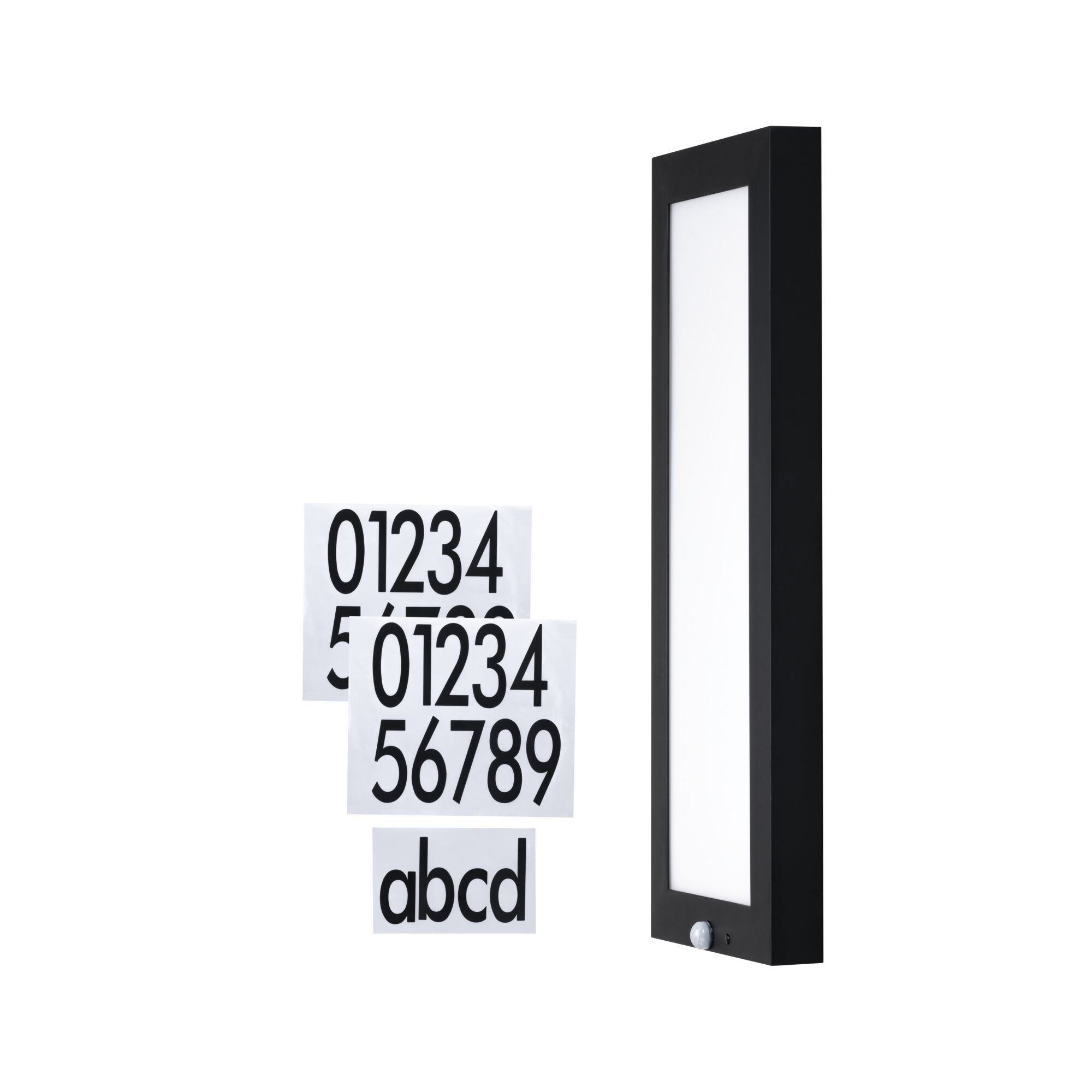 Black LED wall light with motion sensor and number stickers for house number illumination
