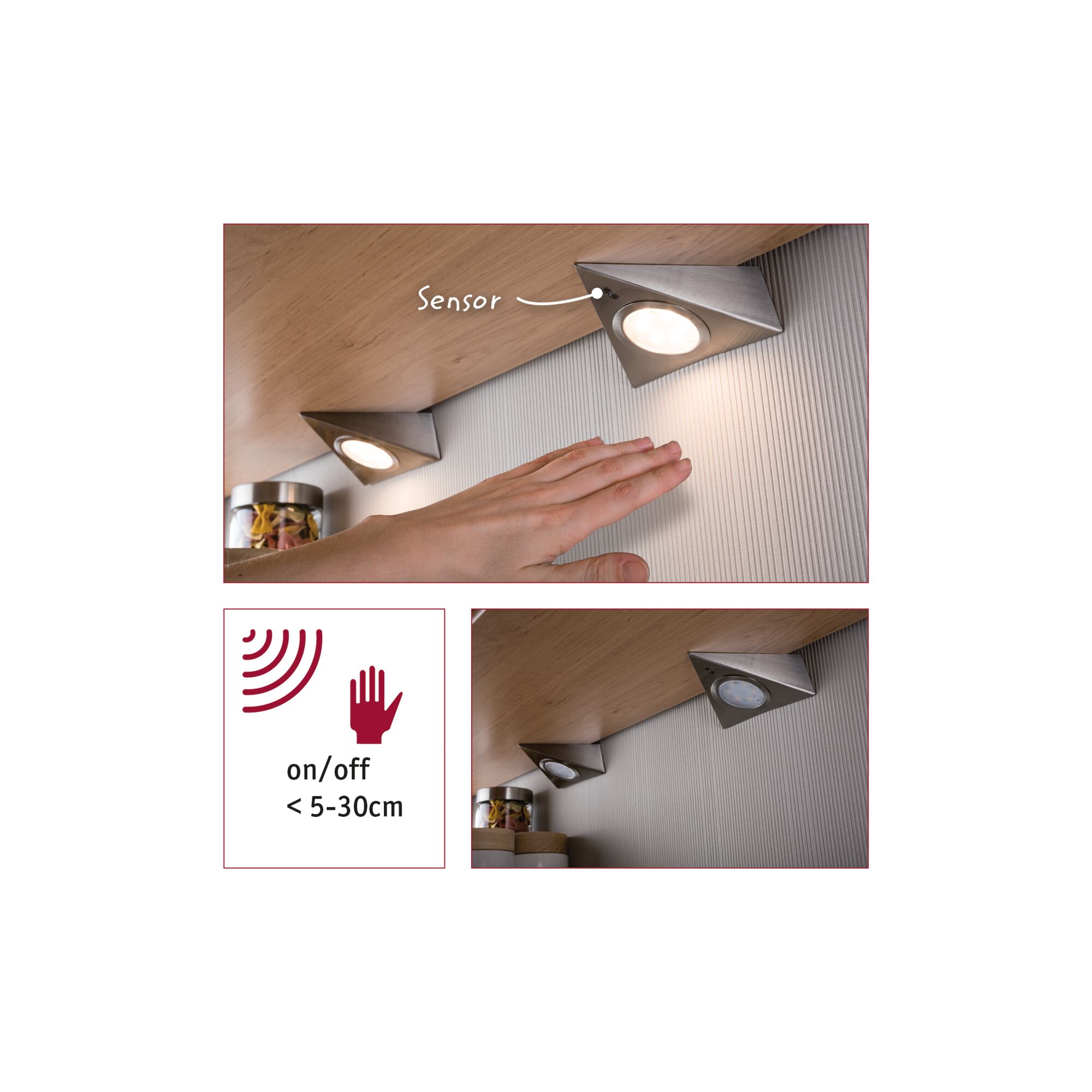 Dreieckige LED-Unterbauleuchten aus Edelstahl mit Sensor für berührungslose Ein- und Ausschaltung im Abstand 5-30 cm