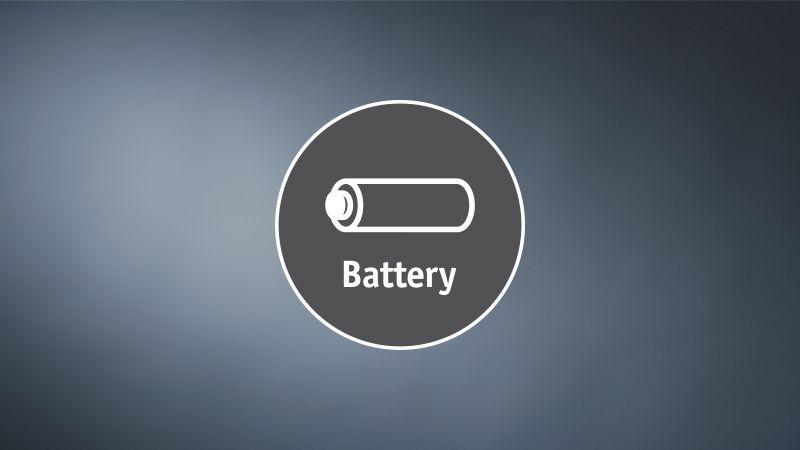 White battery icon on grey background representing power supply and lighting solutions.