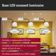 White LED recessed downlights with replaceable LED coin and 45 mm installation depth for 230V supply