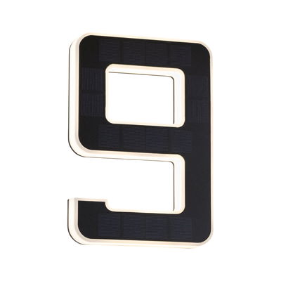 Black solar LED house number 9 with white border for outdoor lighting and house number display