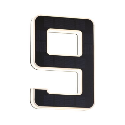 Chiffre 9 solaire LED noire avec bord blanc pour éclairage extérieur et numéro de maison