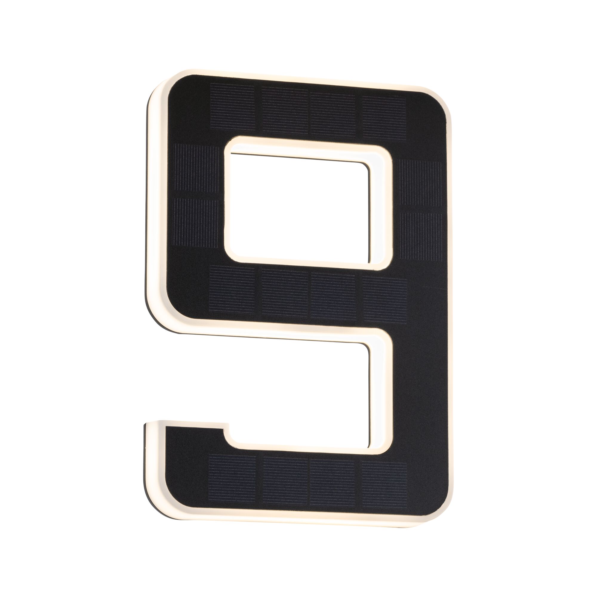 Black solar LED house number 9 with white border for outdoor lighting and house number display