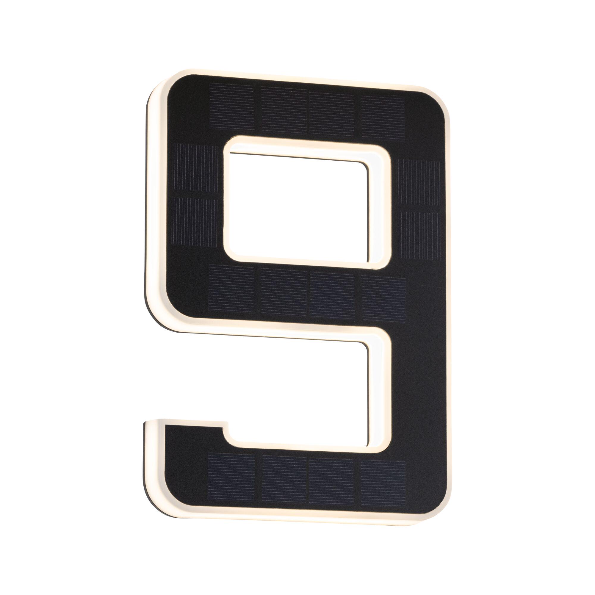 Black LED number 9 with solar panels and warm white light for outdoor lighting solutions