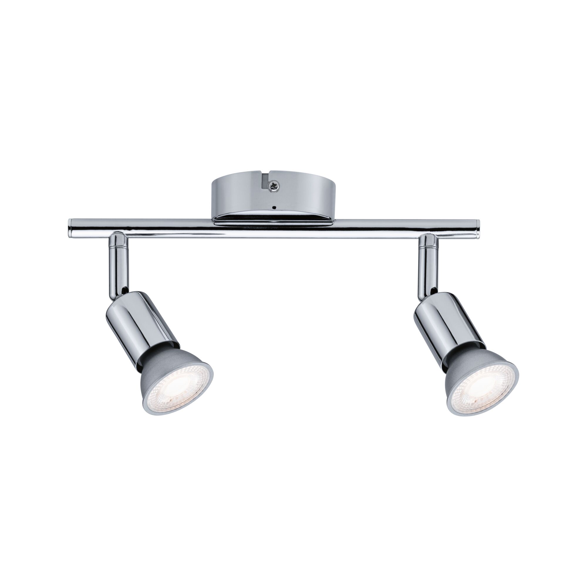 Modern ceiling spotlight in chrome metal with two adjustable LED lights for living spaces.