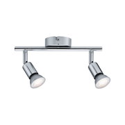 Modern ceiling spotlight in chrome metal with two adjustable LED lights for living spaces.