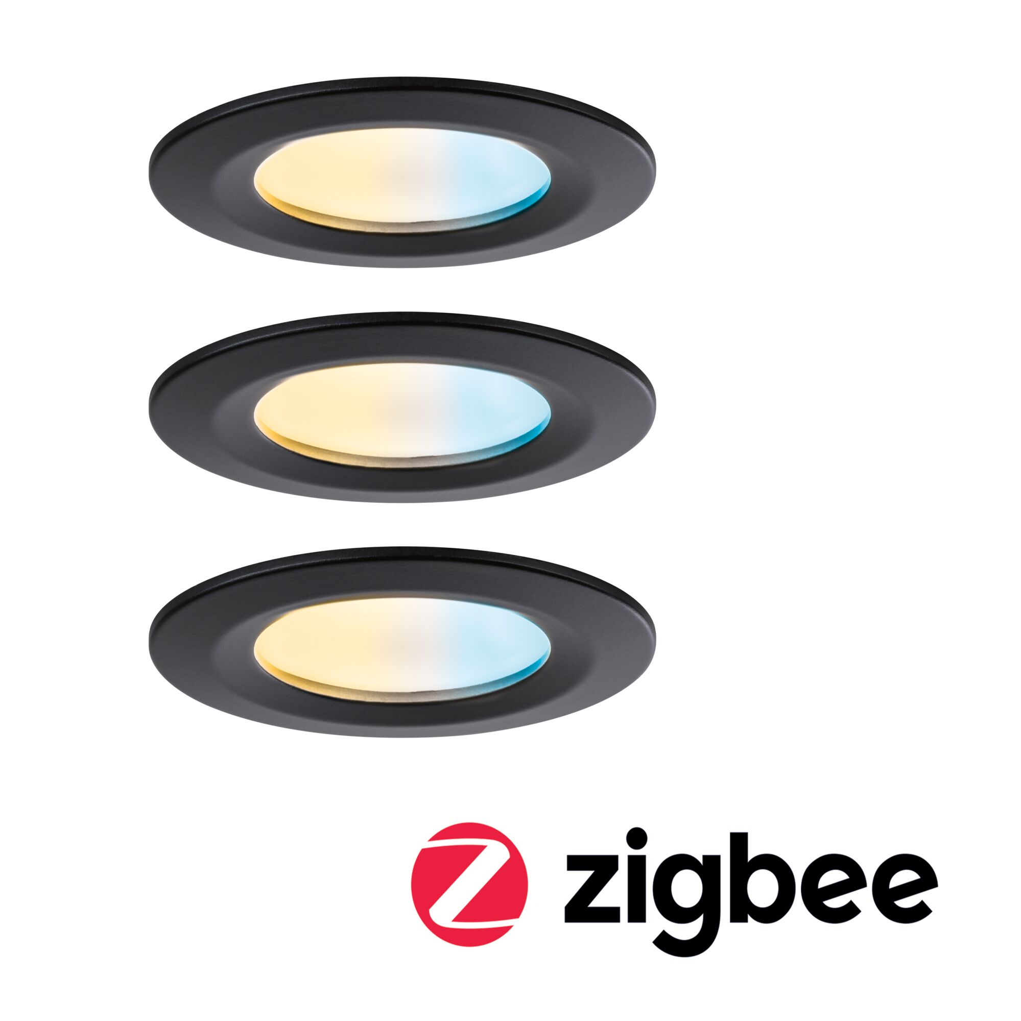LED Einbauleuchte Nova Coin IP44 rund 78mm Tunable White 3x6W 3x530lm 230V Schwarz matt Aluminium Drei schwarze LED-Einbaustrahler mit warmweißem und kaltweißem Licht für smarte Zigbee-Steuerung