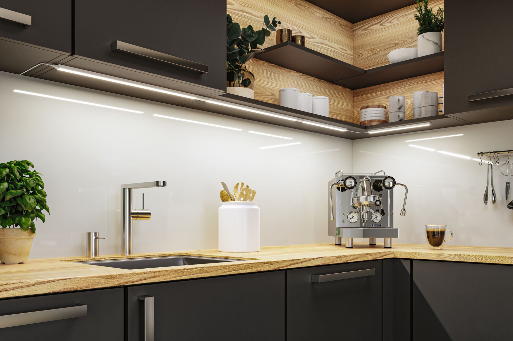 Moderne keuken met LED-onderbouwverlichting, houten aanrecht en roestvrijstalen koffiemachine voor helder licht.