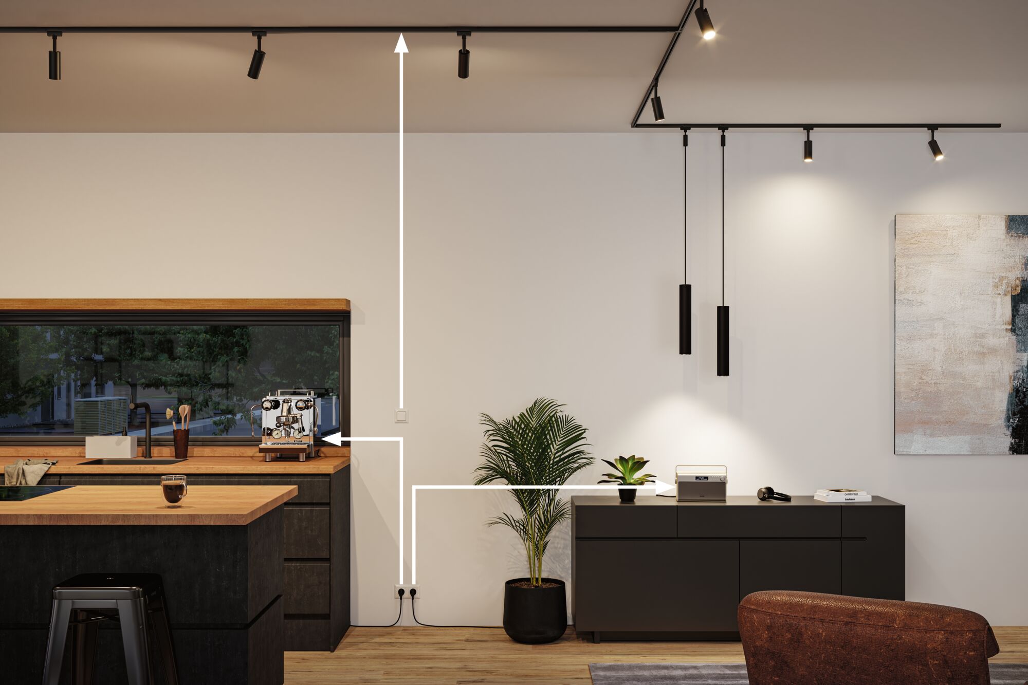 Moderne woonkamer met zwarte dressoir, houten werkblad en zwarte hanglampen aan het plafond