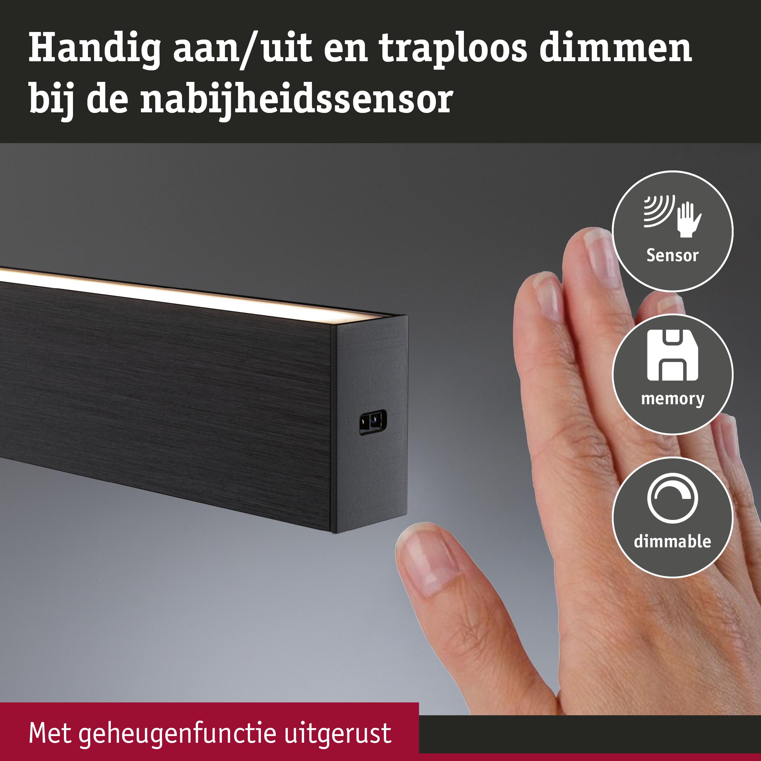 Zwarte LED-lamp met nabijheidssensor en geheugenfunctie voor traploos dimmen