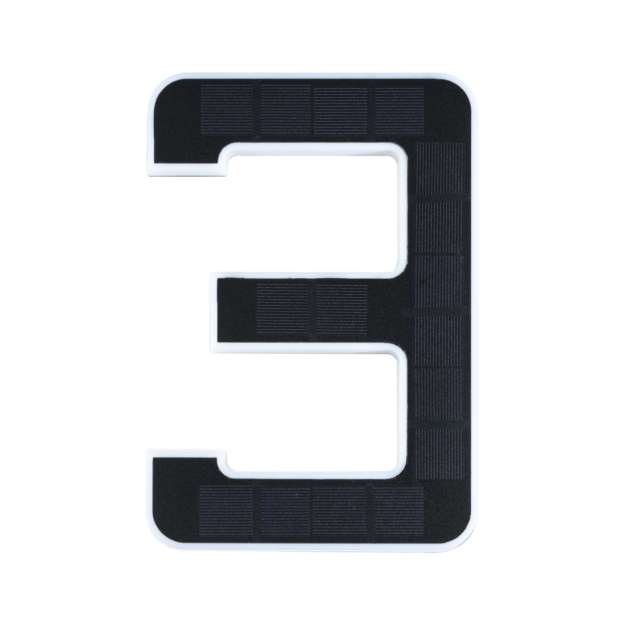 Black solar cells shaped as number 3 with white frame, energy-saving LED lighting element