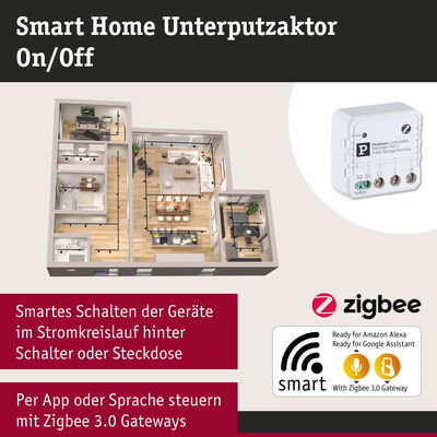 Smart Home Unterputzaktor in Weiß zur Steuerung von Geräten per Zigbee 3.0 Gateway und App oder Sprache
