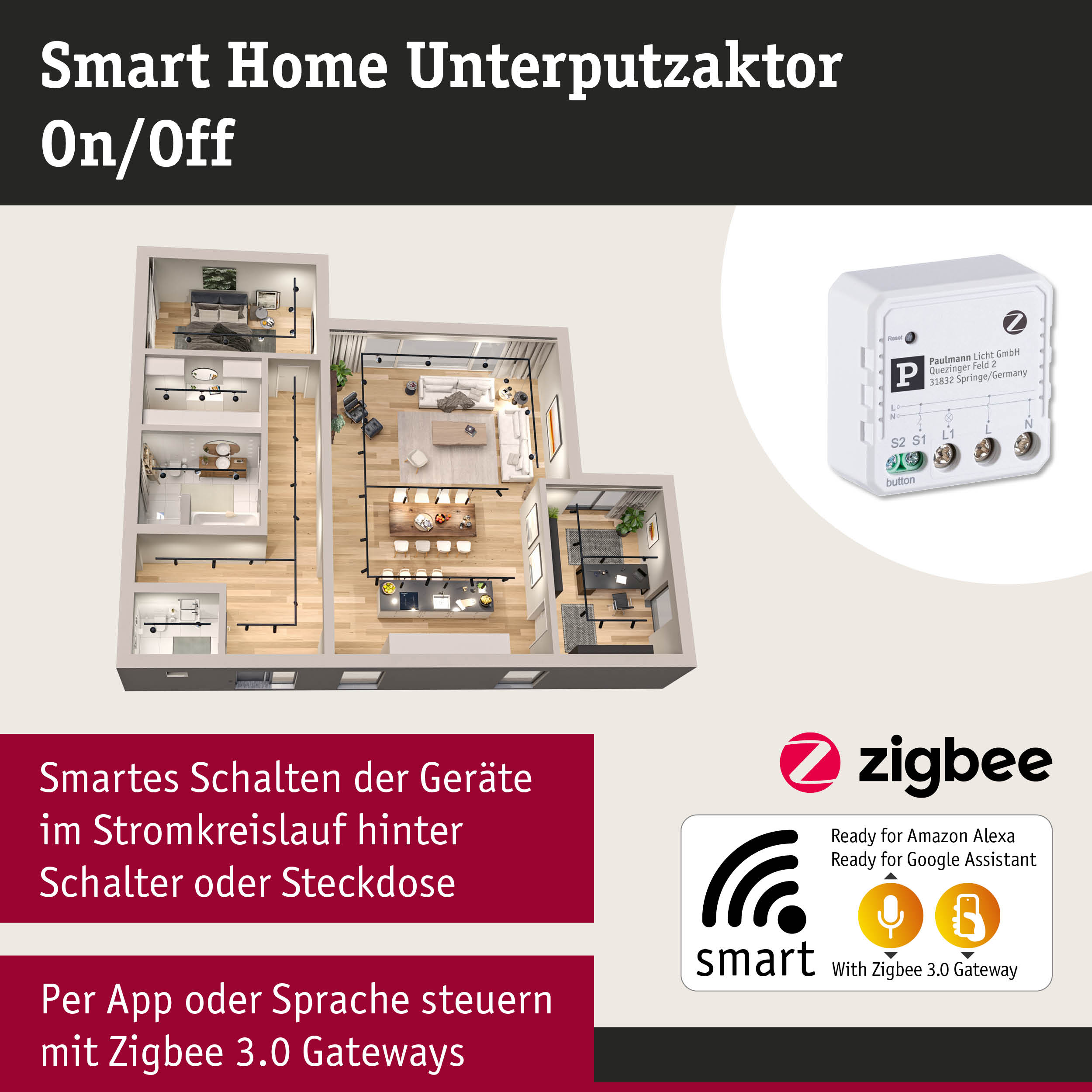 Weißer Smart Home Unterputzaktor mit Zigbee 3.0 für smartes Schalten von Geräten im Stromkreis