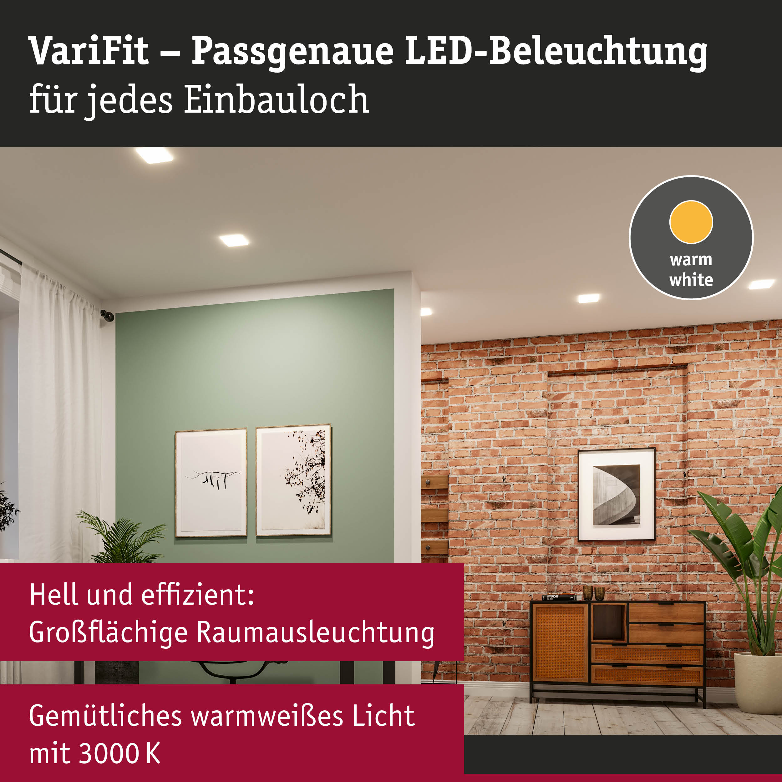 Wohnzimmer mit variabler LED-Deckenbeleuchtung in warmweißem Licht und moderner Einrichtung