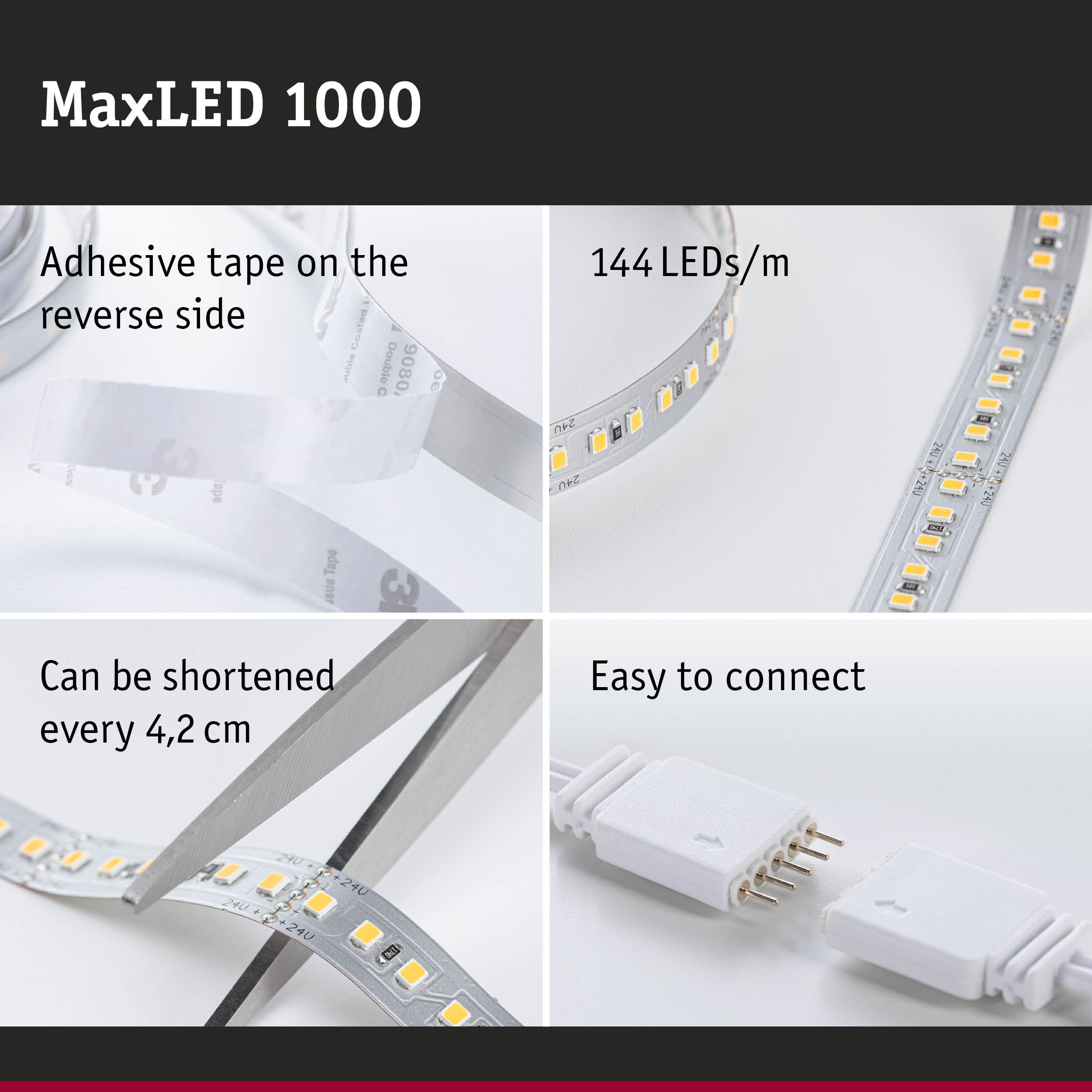 MaxLED 1000 LED strip with 144 LEDs/m, adhesive tape, cuttable every 4.2 cm, easy to connect