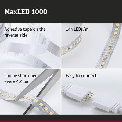MaxLED 1000 LED strip with 144 LEDs/m, adhesive tape, cuttable every 4.2 cm, easy to connect