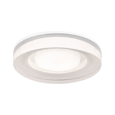 Round white glass LED ceiling light with energy-saving illumination for living spaces.