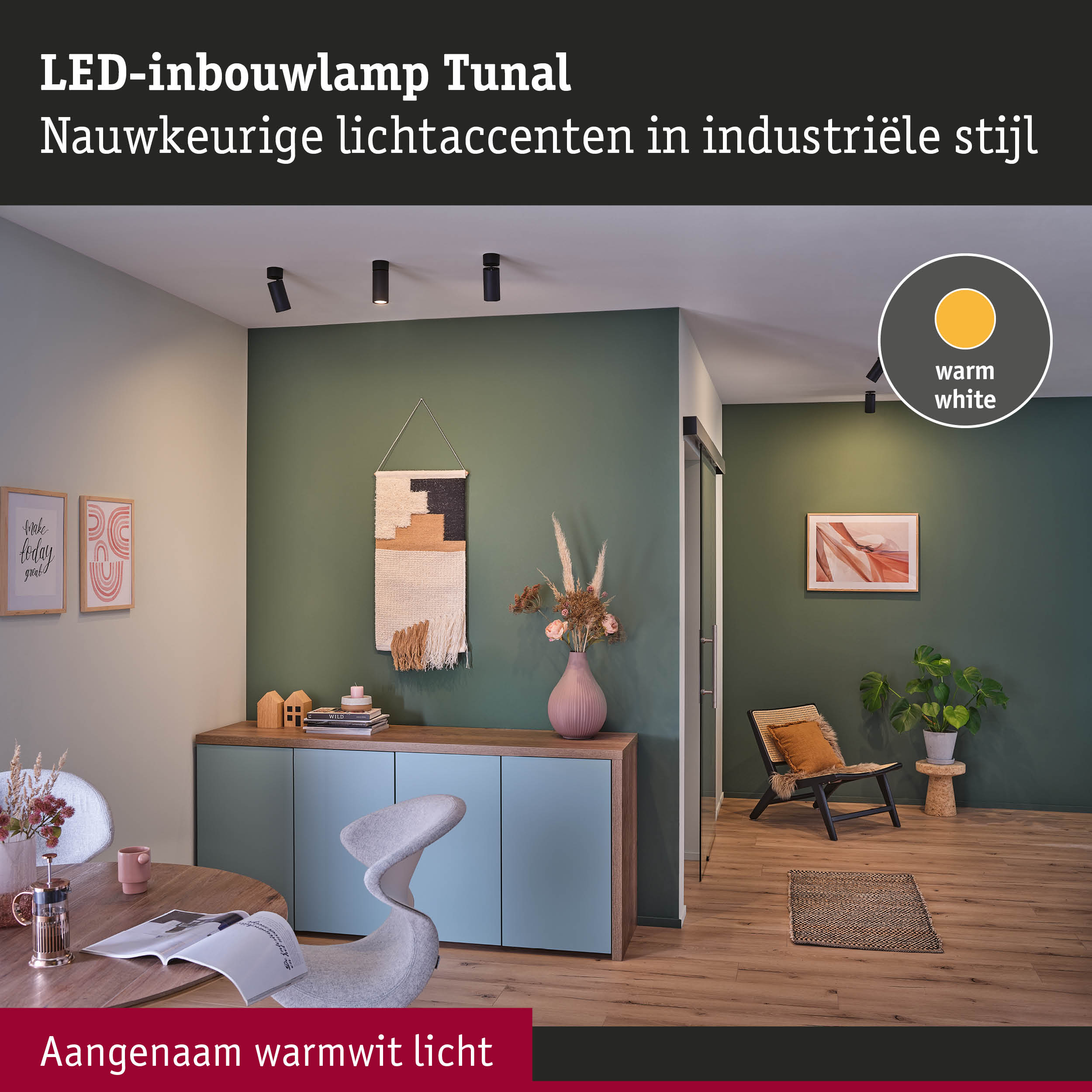 Zwarte LED-inbouwlampen Tunal met warm wit licht in moderne woonkamer met groene muur