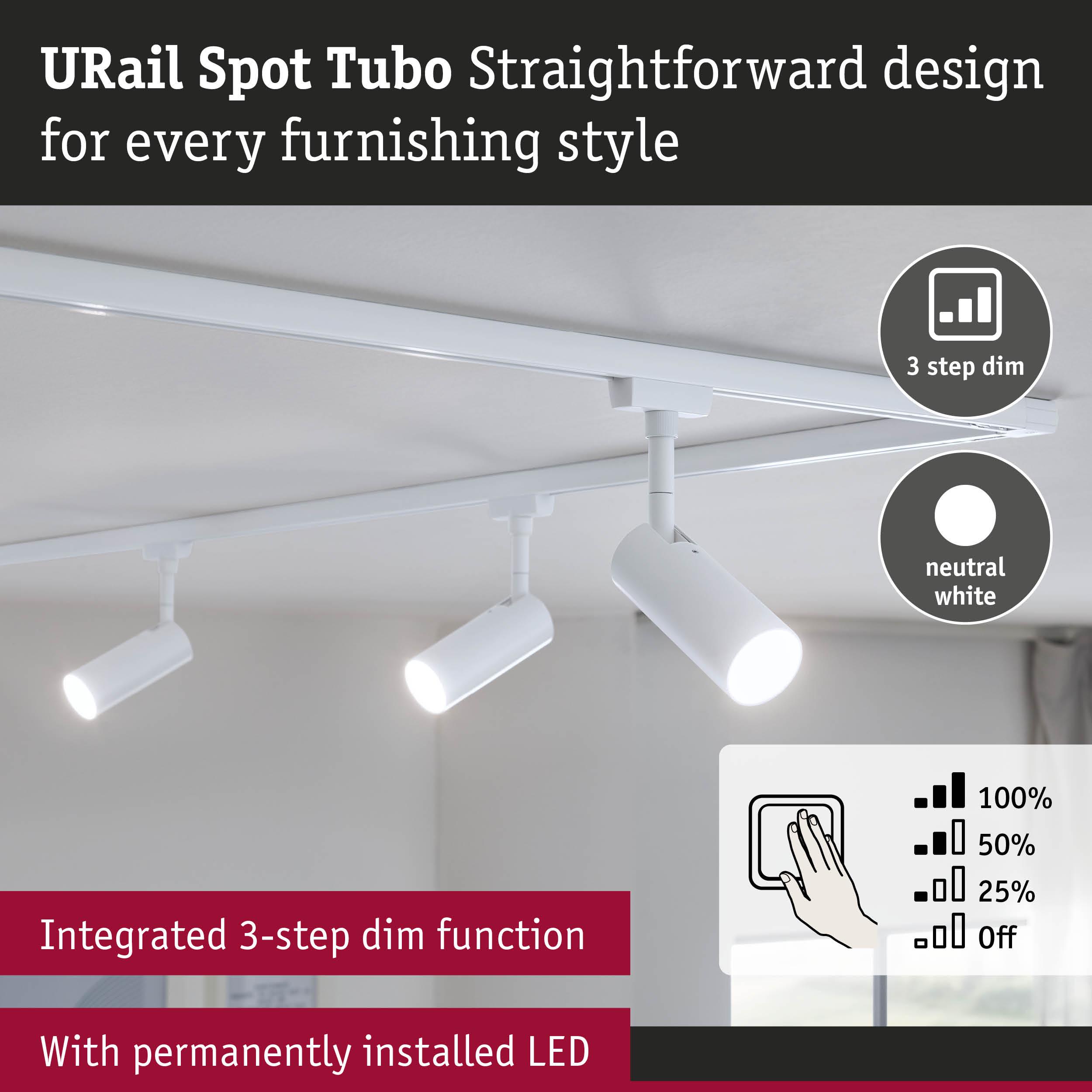 White URail Spot Tubo LED ceiling spotlights with integrated 3-step dim function for modern lighting