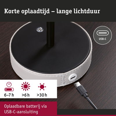 Oplaadstation met USB-C aansluiting en witte leren bekleding, korte oplaadtijd en lange batterijduur