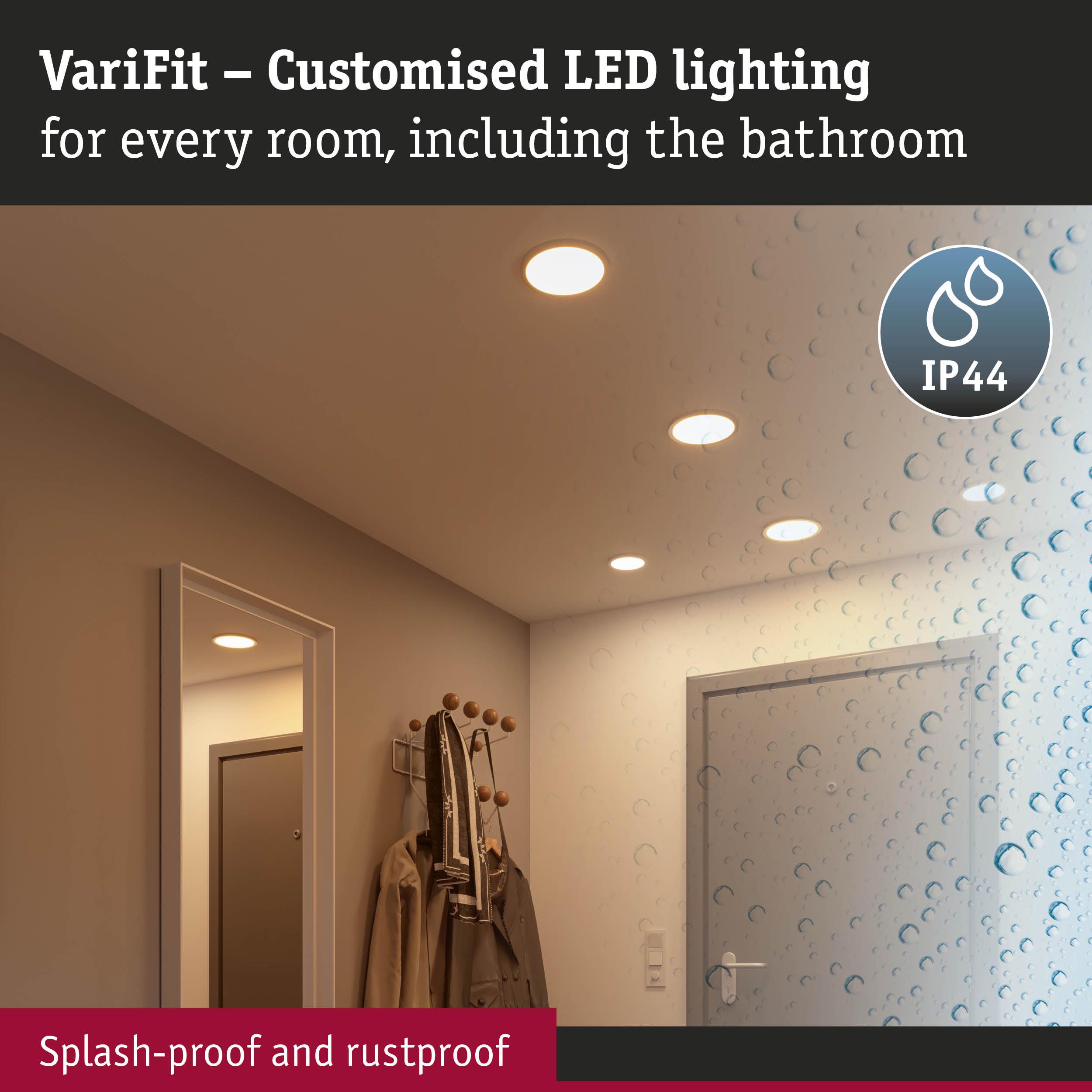 VariFit white LED recessed lights, splash-proof and rustproof, perfect for bathroom and room lighting