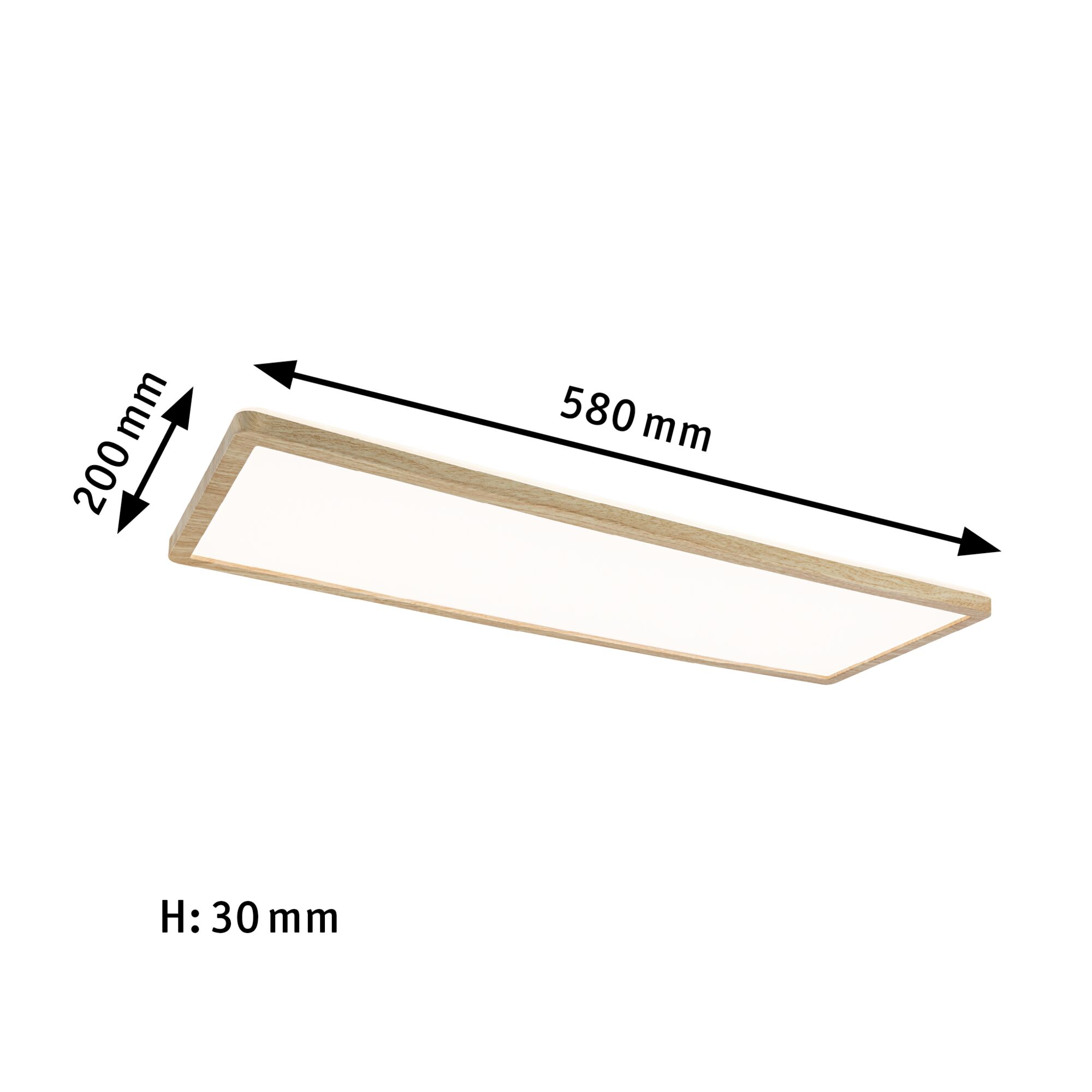 Rectangular LED ceiling light with natural wood frame, size 580x200x30 mm, modern interior lighting