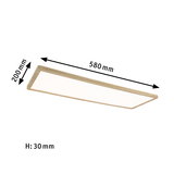 Plafonnier LED rectangulaire avec cadre en bois naturel, dimensions 580x200x30 mm, éclairage moderne