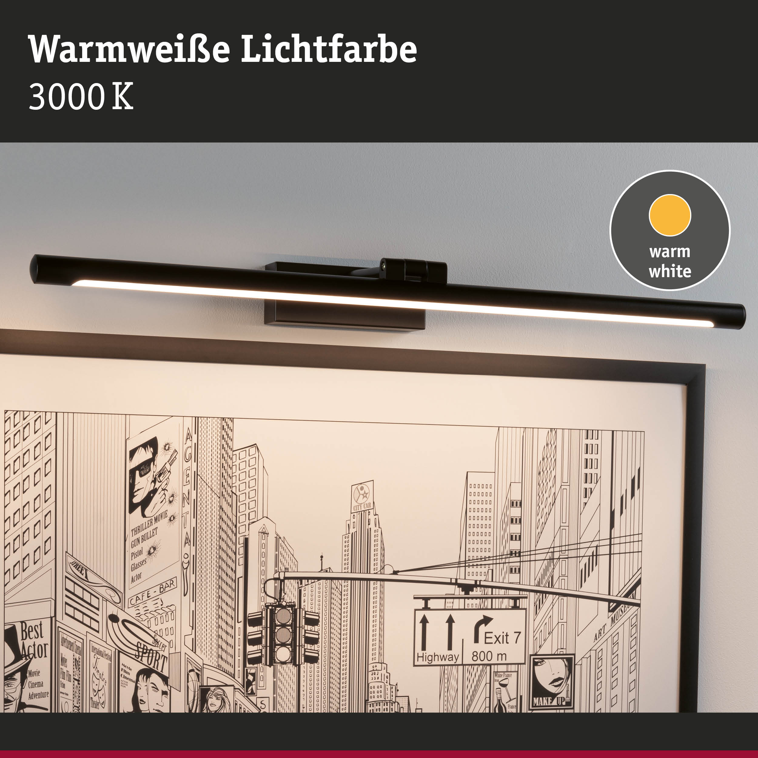 Schwarze LED-Bilderleuchte mit warmweißer Lichtfarbe 3000K für stimmungsvolle Wandbeleuchtung