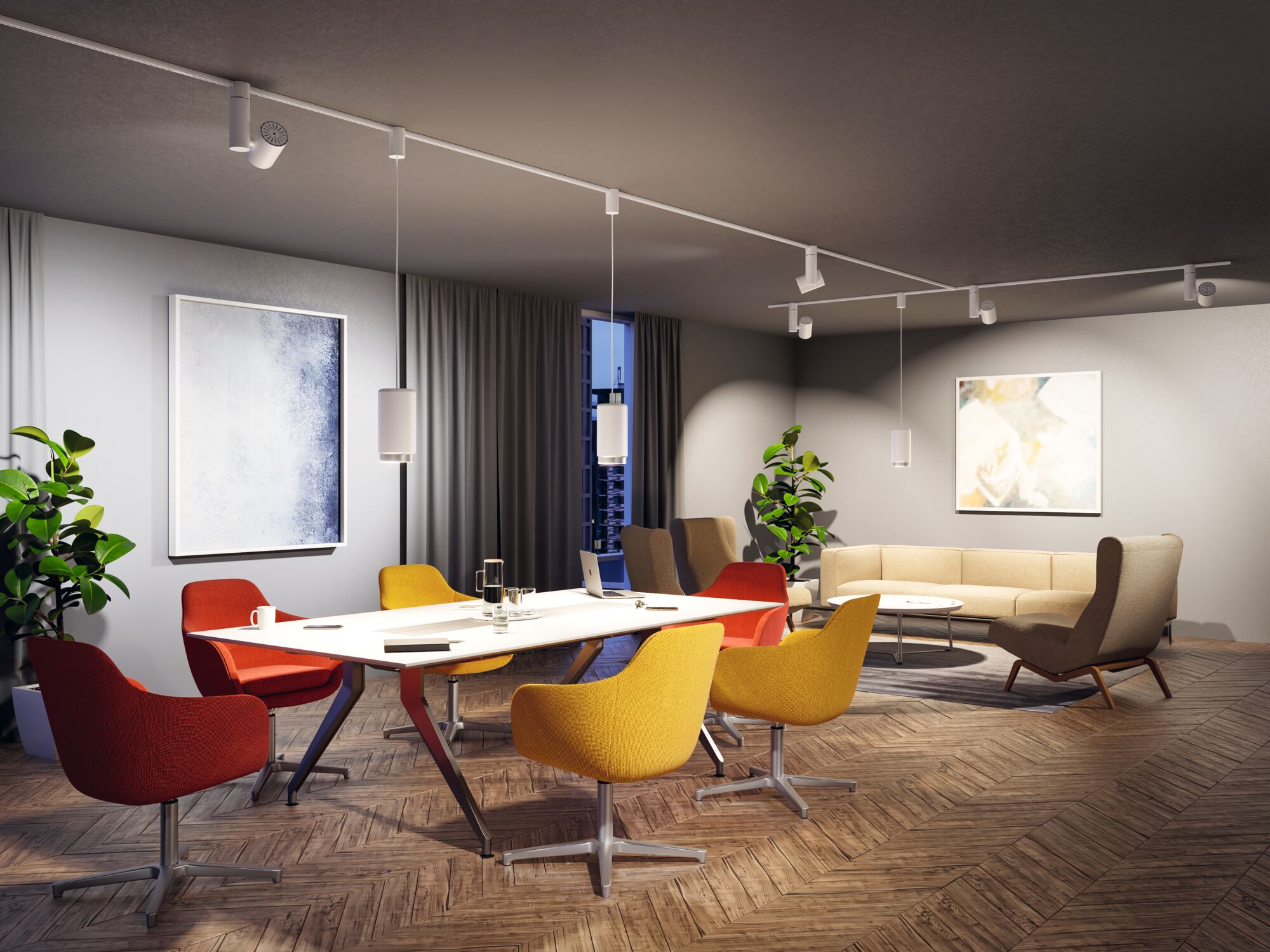 Modernes Büro mit bunten Stoffdrehstühlen in Rot und Gelb, weißem Tisch und minimalistischer Beleuchtung