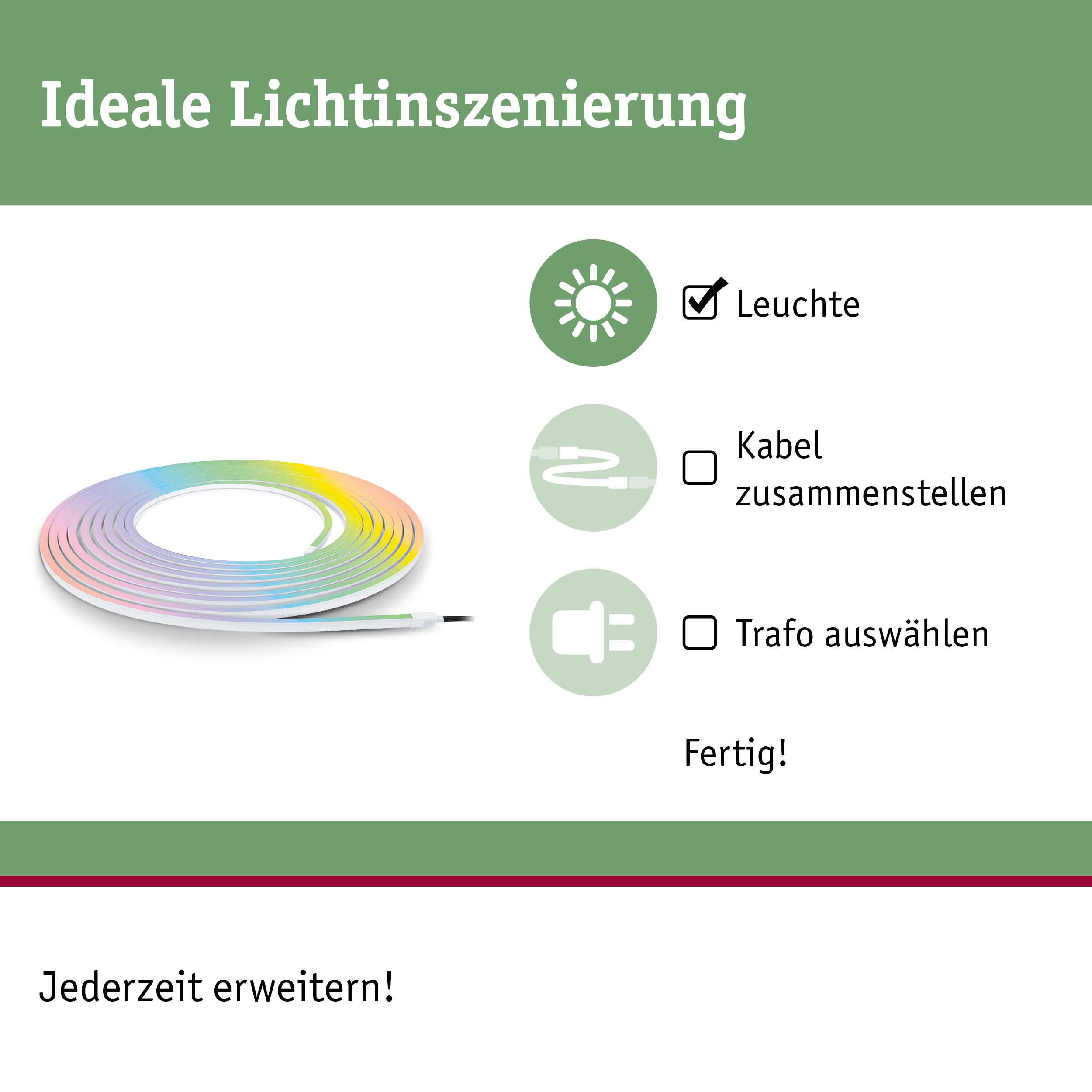 Buntes LED-Lichtband aufgerollt mit Anleitung zur idealen Lichtinszenierung und Erweiterungsmöglichkeiten