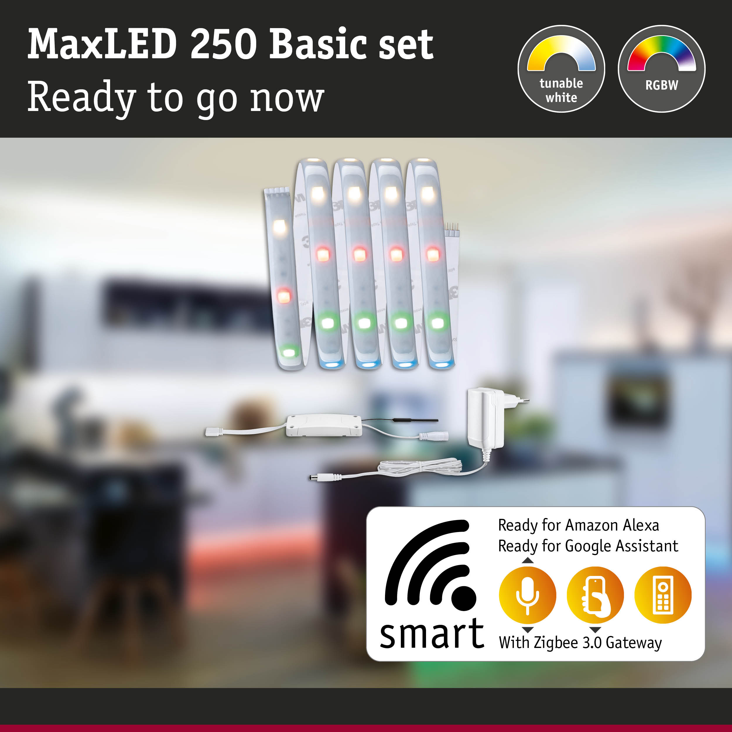 MaxLED 250 Basic set with tunable white and RGBW LED strips, includes Zigbee 3.0 gateway for smart control