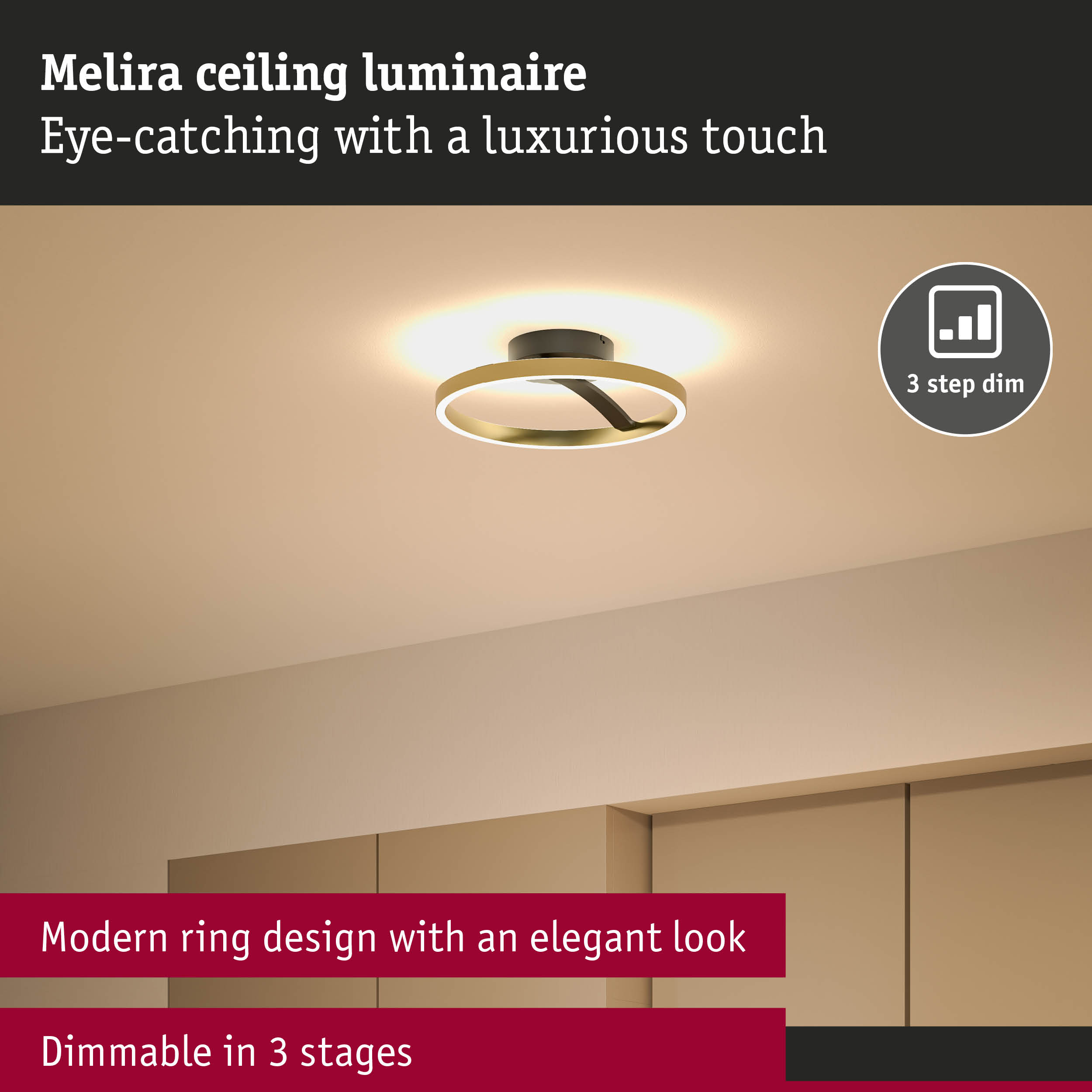 Melira ceiling luminaire with modern gold ring design and 3-step dimmable LED lighting