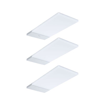 Three white LED ceiling lights with rectangular design and silver aluminum frame for modern indoor lighting
