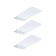 Three white rectangular LED ceiling lights with silver end caps for modern interior lighting solutions
