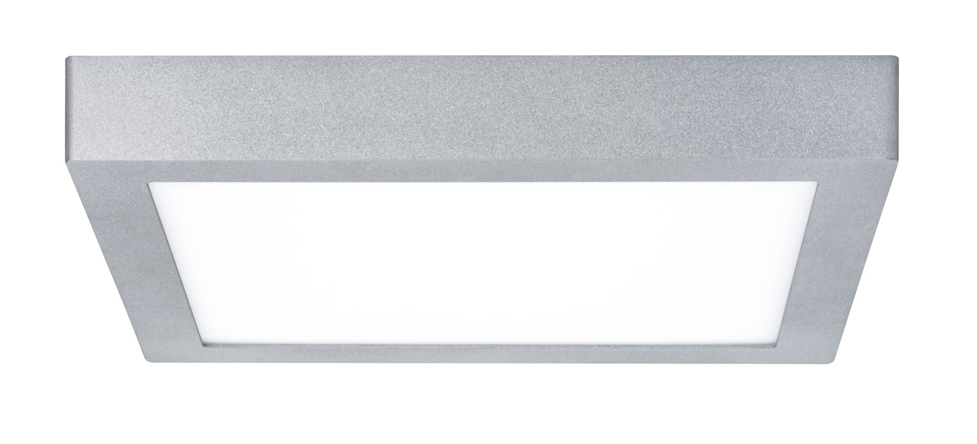 Quadratische Deckenleuchte aus silbernem Aluminium mit weißem Diffusor für modernes Raumlicht