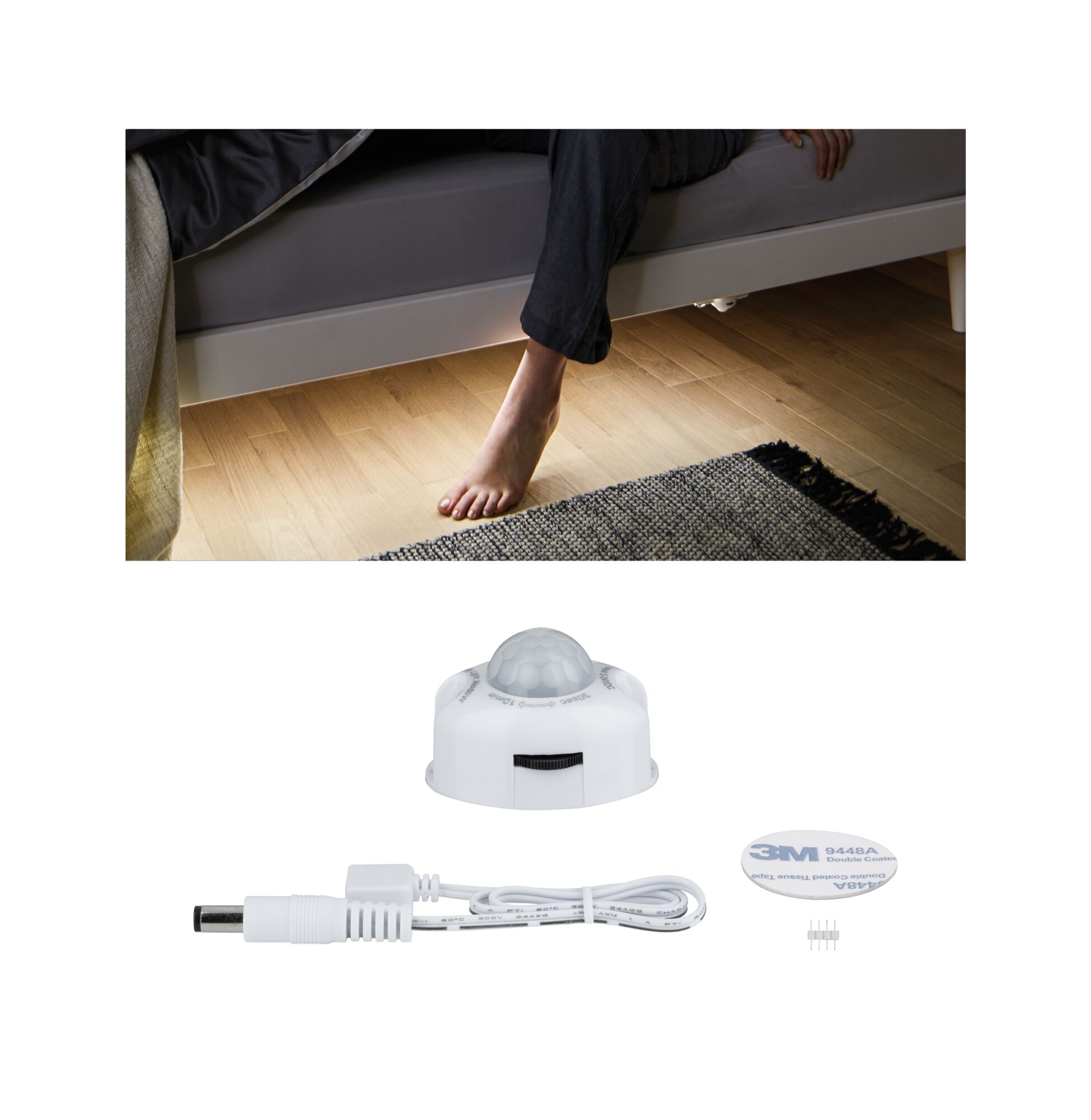 Witte bewegingssensor met kabel en 3M plakstrip voor automatische LED-verlichting onder bed