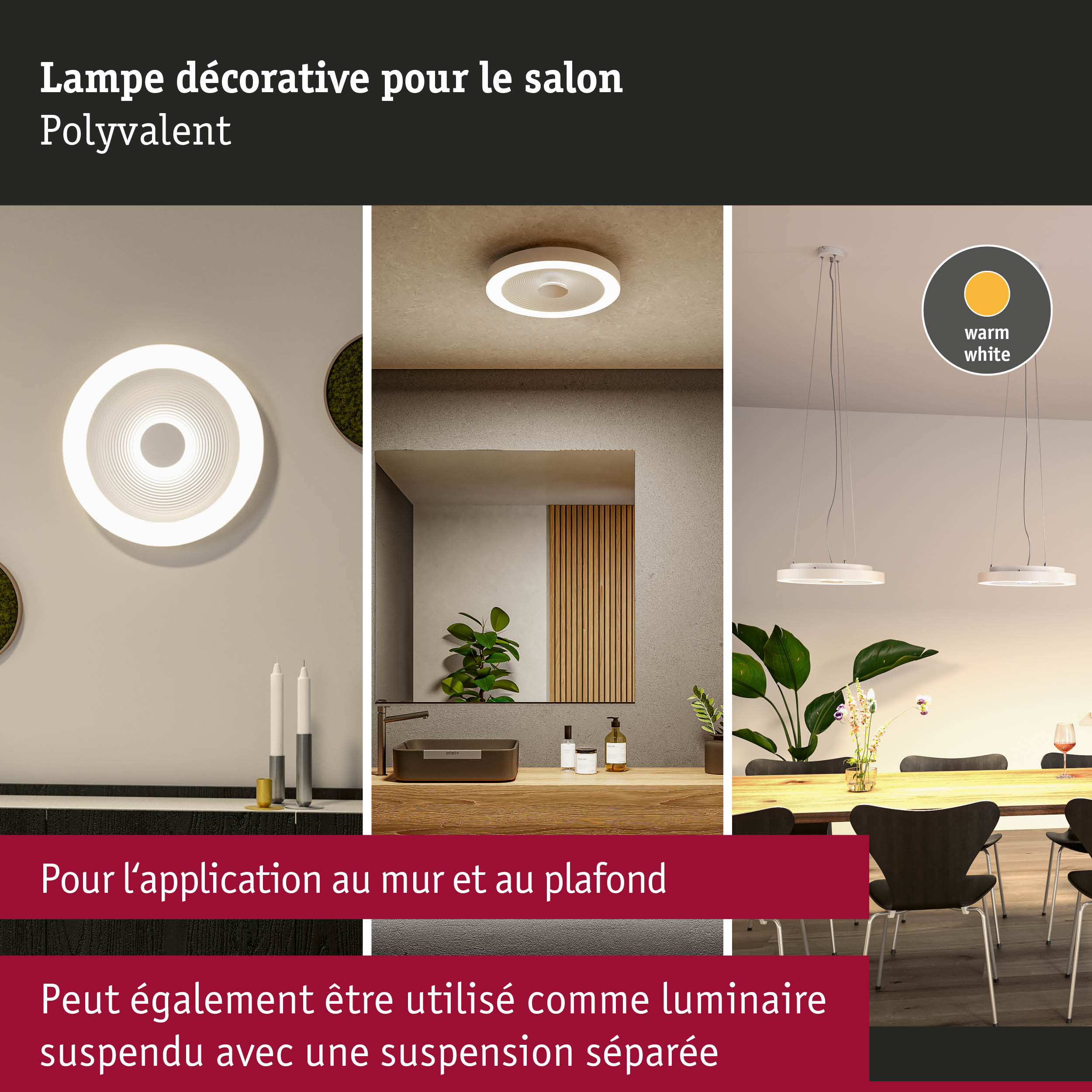 Lampe blanche moderne pour plafond et mur avec lumière blanc chaud pour éclairage polyvalent