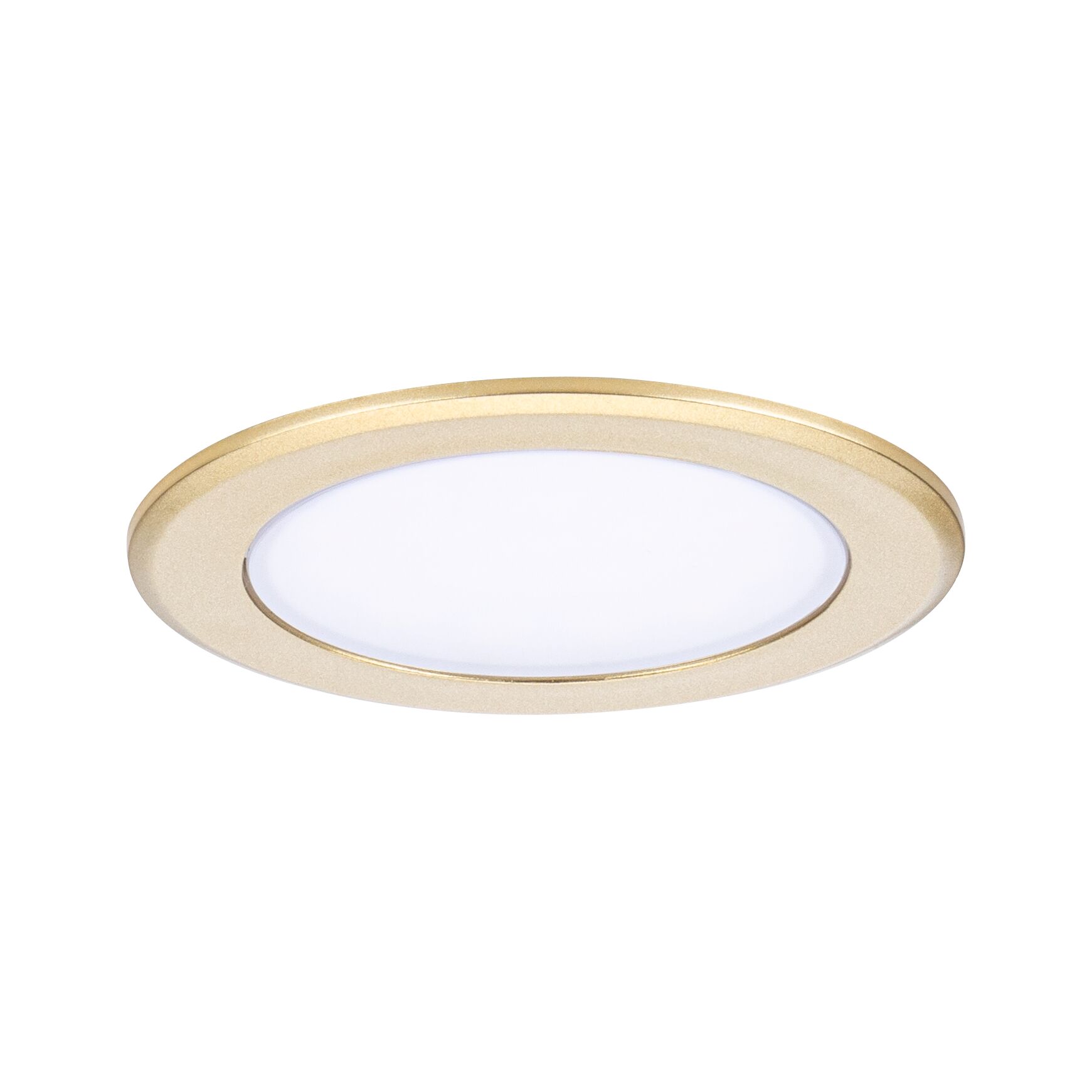Rund LED-indbygningspanel med guldfarvet aluminiumsramme og hvid diffuser til moderne belysning