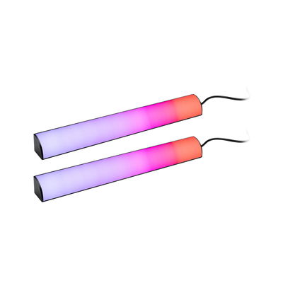 Zwei RGB-LED-Lichtleisten mit schwarzem Gehäuse und Farbverlauf von Blau zu Rot für Ambientebeleuchtung